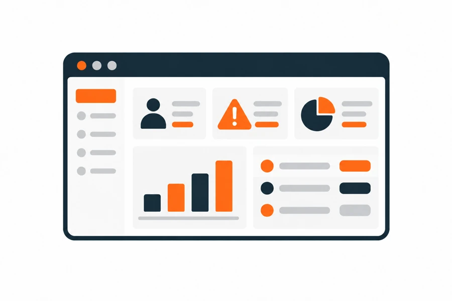 Tela de sistema com informações, alertas e gráficos